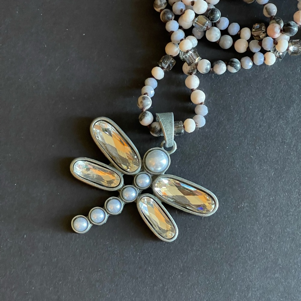 Leaded Glass Dragonfly Womens Necklace Long Faceted Stones Chain Boho Jewelry